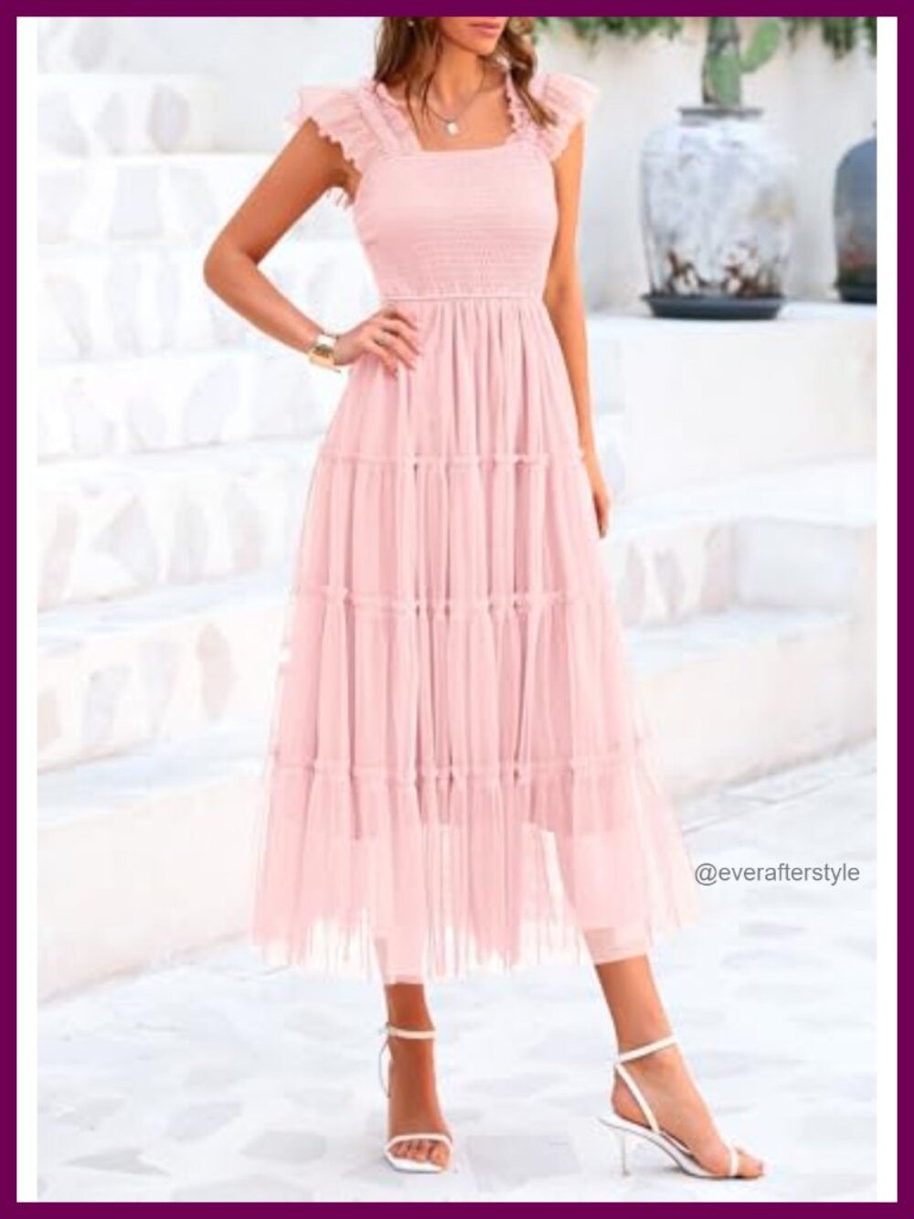 Women's Summer Smocked Midi Tulle Dress - Picture 4 of 6